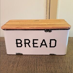 White Metal Bread Box with Brown Wood lid